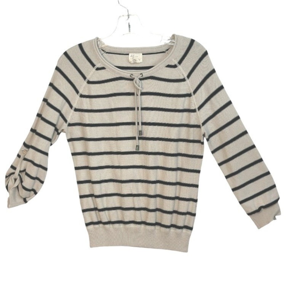 Andrea Jovine Women‎ Sweater Beige Black Stripe Tab Sleeve French Girl Casual M